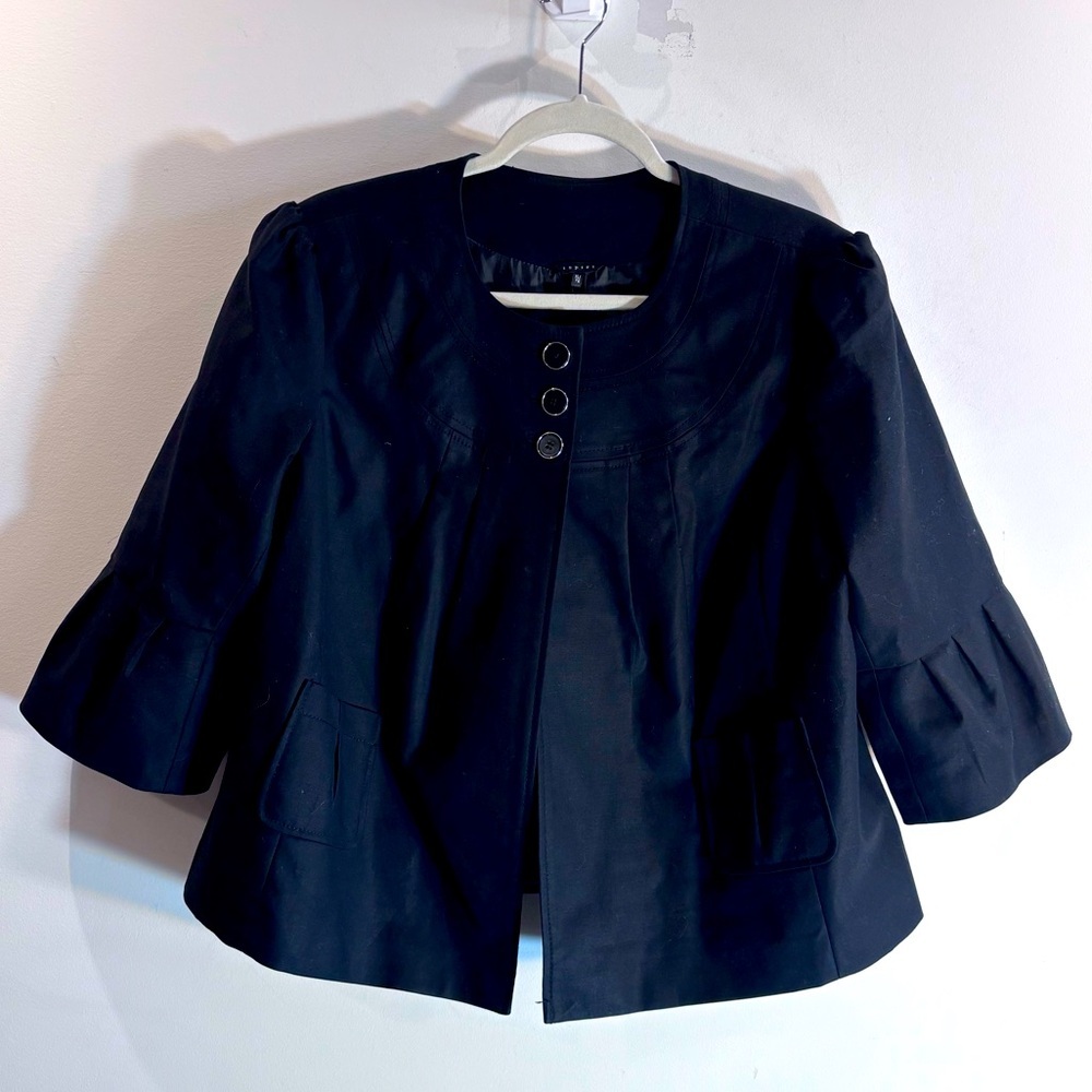 ISPIRI Sz XL Blazer Cropped 3/4 Ruffle Bell Sleeve Pleated Back Lined Pads